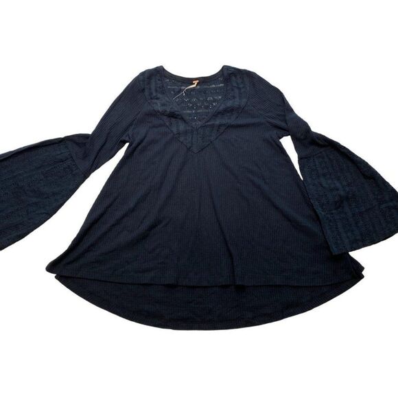 Free People Embroidered Blouse Top Women's XS Black Bell Sleeves V-Neck NEW - Picture 5 of 14